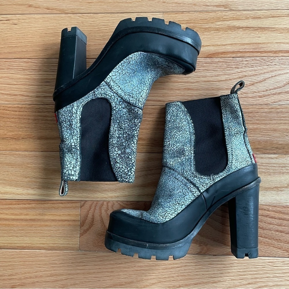HUNTER Original White Black Cracked Leather Platform Heeled Chelsea Boots UK 5 - Picture 2 of 9